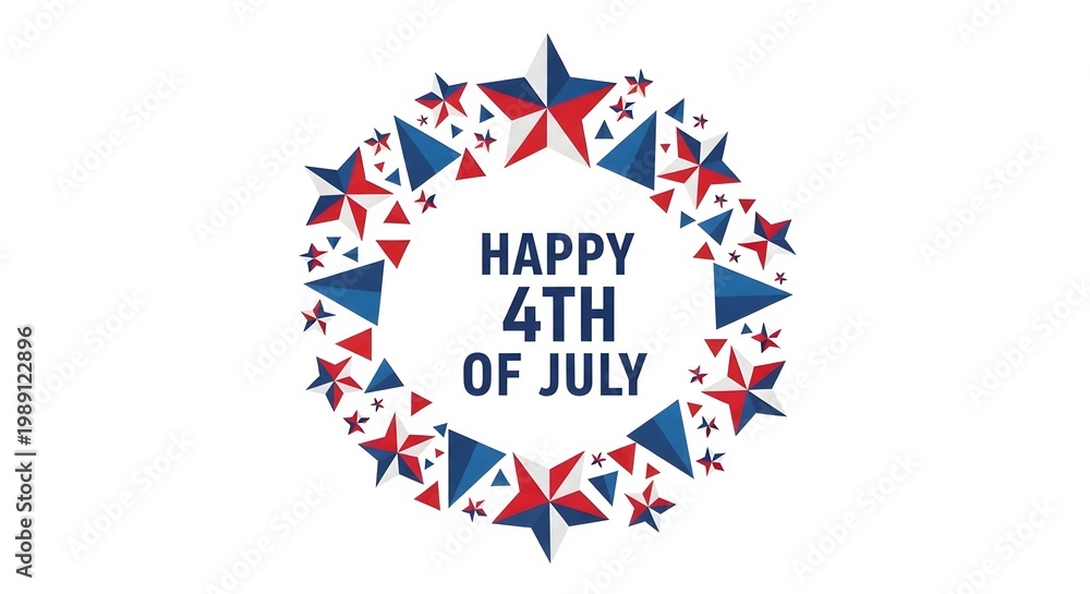 Fototapeta premium Happy 4th of july greeting card with a circular wreath of red, white, and blue geometric stars isolated on white background