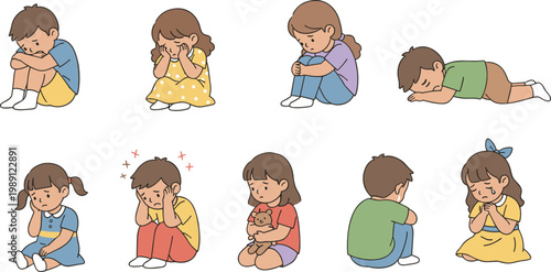 Cartoon vector illustration of eight children in sad or upset poses showing emotional discomfort and vulnerability
