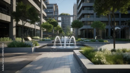 modern city square with fountain and buildings