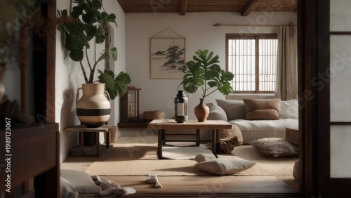 Serene Japanese Interior with Natural Light and Minimalist Design.