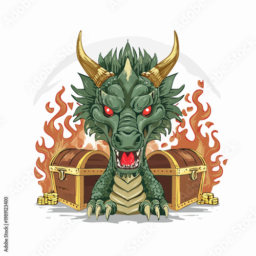 Fierce Green Dragon Guarding Treasure Chests and Gold Coins with Flames Illustration