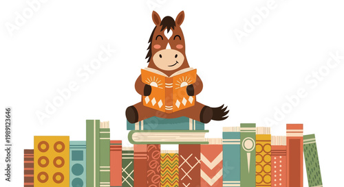 Cute little horse sitting on a tall pile of colorful books while reading with joy