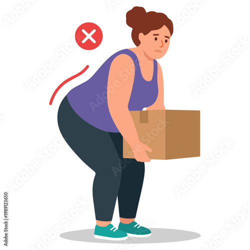 Woman performs lifting action with heavy box in gym environment from a side viewpoint