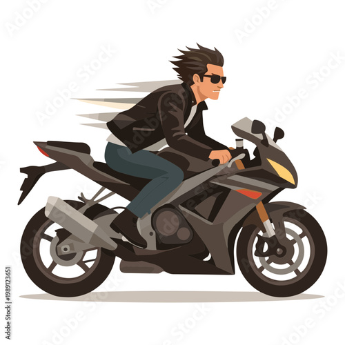 Man riding motorcycle quickly on road wearing sunglasses and jacket