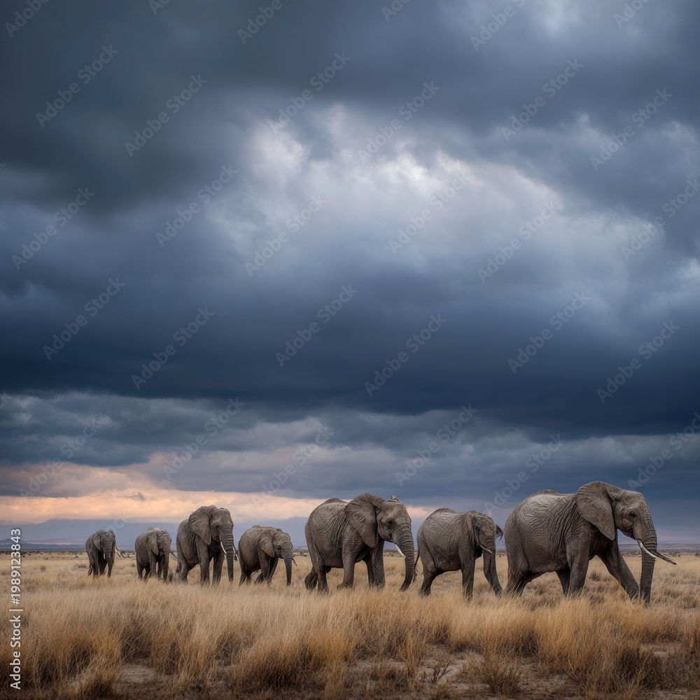 Fototapeta premium Majestic Elephant Herd Walking Under Dramatic Stormy Sky in Golden Savanna