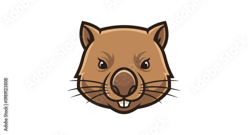Cute cartoon illustration of a friendly brown wombat head with a happy smile.