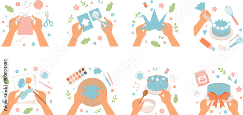 Vector illustration of hands engaged in creative hobbies including knitting, origami, painting, sculpting, and cake decorating