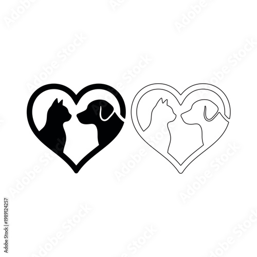 Heart shape with dog and cat silhouettes facing each other keywords: heart, dog, cat, pet