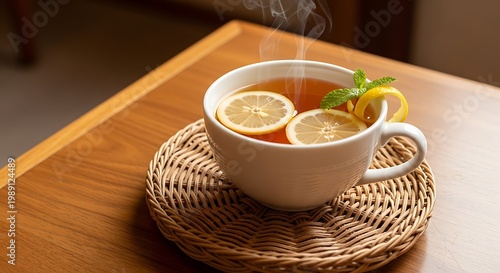 Warm cup of tea with lemon slices and mint on a wooden table.