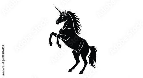 Majestic black unicorn silhouette rearing up on its hind legs, embodying power and fantasy.