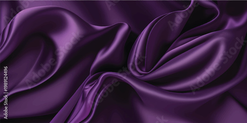 Smooth purple and violet silk fabric texture features a shiny luxury satin material with soft wavy curves and a romantic pink drapery backdrop for decorative textile patterns