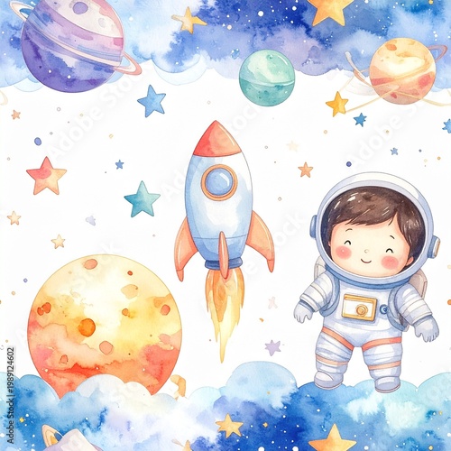 Watercolor Illustration of a Cute Astronaut, Rocket, and Planets in Space.