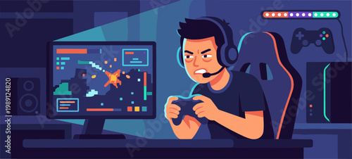 A man wearing headphones plays video games on his computer at home.