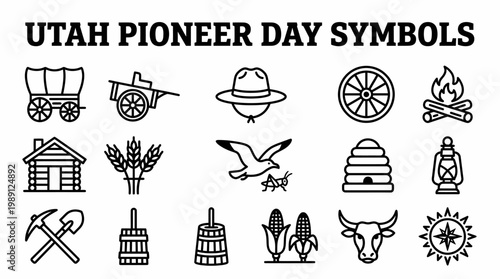 Utah Pioneer Day Symbols Icons Set