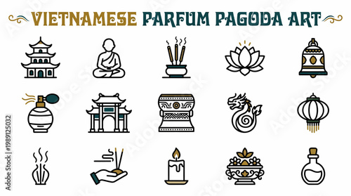 Vietnamese Culture Icons: Pagoda, Incense, Dragon, Lantern, Perfume