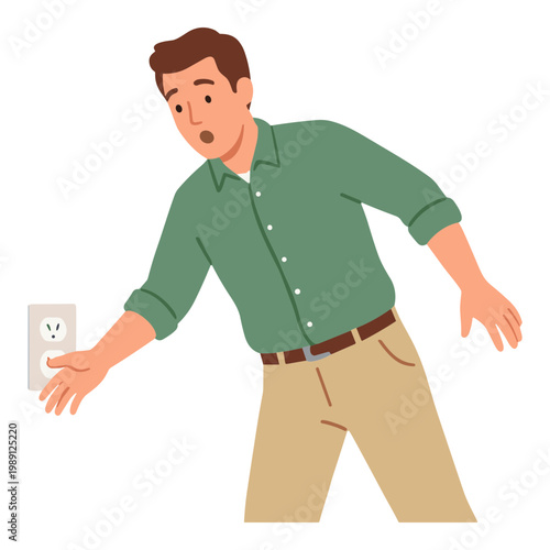 Man shocked by electrical outlet in surprise reaction indoors