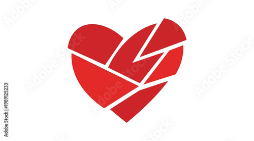 Vibrant Red Heart Shattered into Geometric Pieces, Representing Emotional Pain, Breakup, and the Path Towards Healing and Recovery