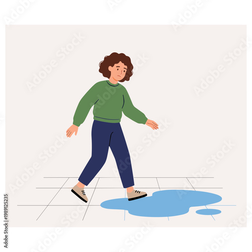 Woman slips on a puddle of water on the tiled floor indoors