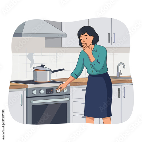 Woman smells burning food on stove in modern kitchen setting indoors