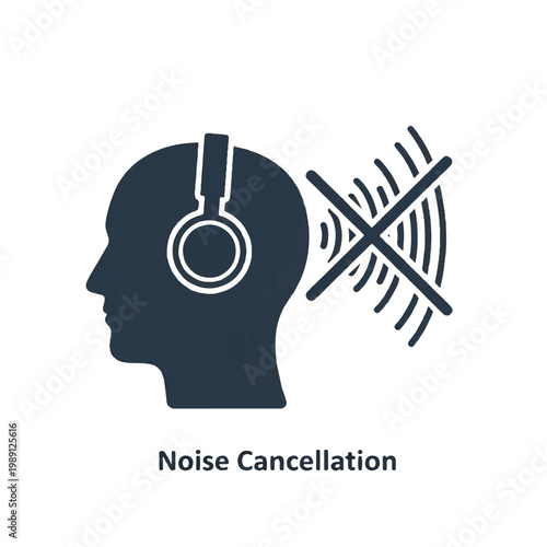 Head silhouette with headphones and noise cancellation symbol.