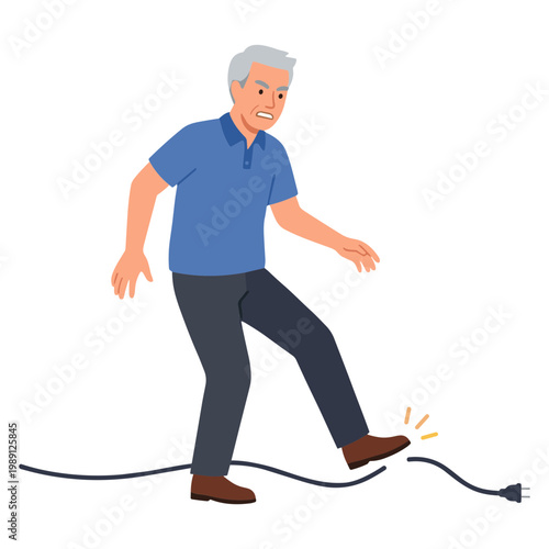 Man tripping on an electrical cord in a room environment