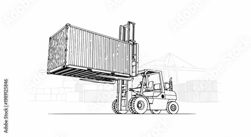 Forklift lifts shipping container at dockside with cranes in background