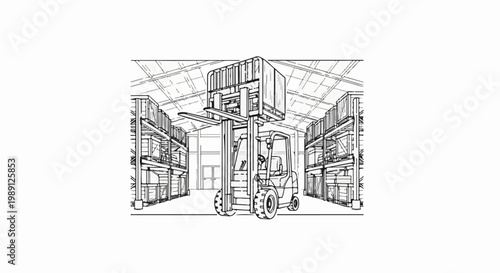 Forklift lifting cargo in a warehouse with tall shelves and overhead structure