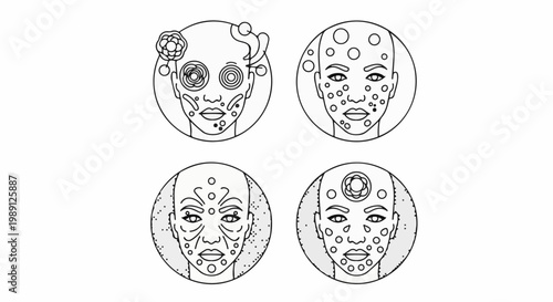 Four circular graphic illustrations of stylized faces with patterned details