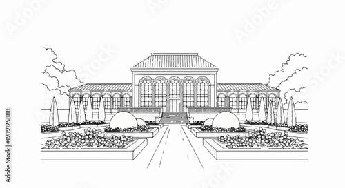 Formal garden with symmetrical layout, leading to an elegant classical building with arched windows
