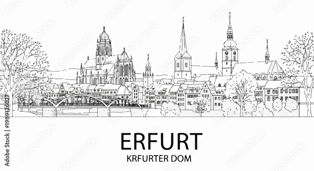 Fototapeta premium Hand-drawn city skyline with churches, bridge, trees, and town