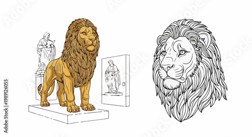 Golden lion statue and line art lion head with classical sculptures
