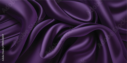 Smooth waves of purple and pink silk satin fabric create a luxurious textile backdrop with a shiny texture and soft romantic curves of elegant drapery