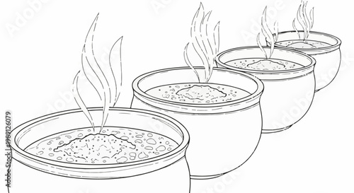 Four steaming pots of stew or soup lined up, with steam rising