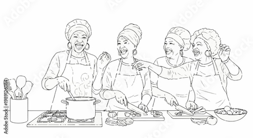 Four women joyfully prepare a meal together in a kitchen setting