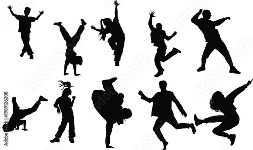 Dancing People Silhouettes, Hip Hop Breakdance and Jumping Dance Poses