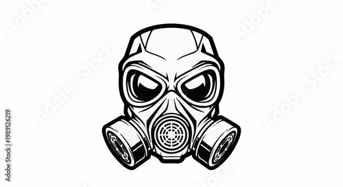 Graphic illustration of a black and white gas mask with circular filters on each side