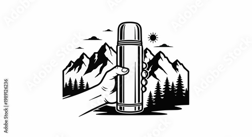 Hand holding thermos against a mountainous, forested landscape with sun