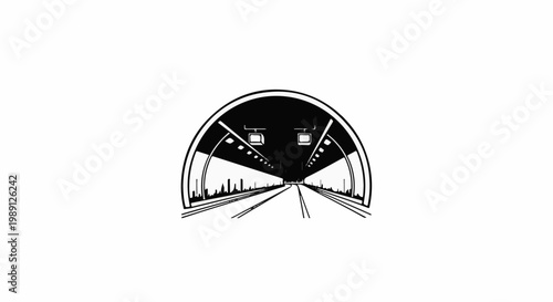 Graphic of a symmetrical arched tunnel with railroad tracks receding into the distance