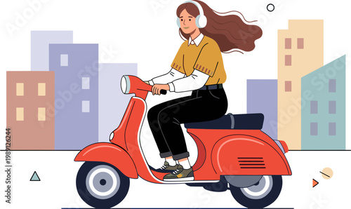 Woman rides red scooter through city streets wearing headphones