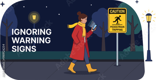 Person ignoring warning signs on sidewalk at night while walking