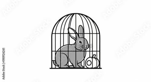 Gray rabbit sits in black cage with gourd