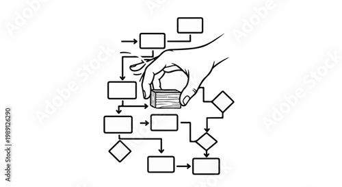 Hand manipulating blocks within a flowchart design