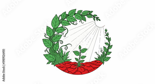 Green sprouts emerge from cracked earth under sunbeams