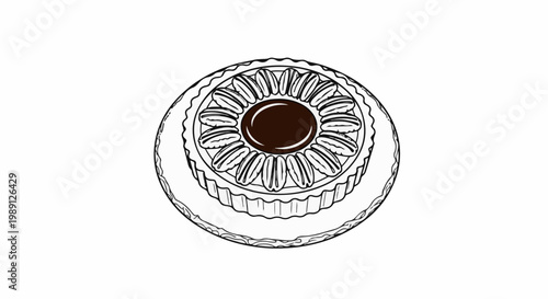 Hand-drawn sketch of a round tart with a dark center and nut topping