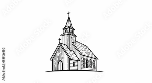 Hand-drawn sketch of a wooden church with a steeple and stained glass windows