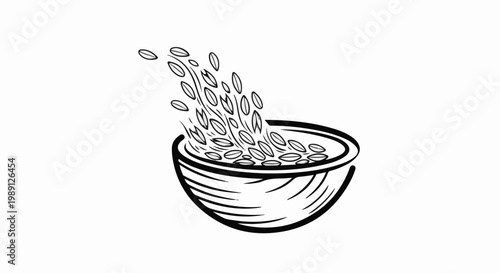 Hand-drawn sketch of grain pouring into a bowl, artistic, simple