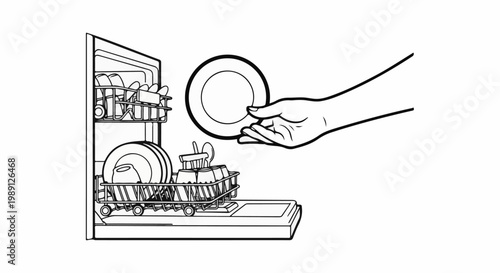 Hand placing plate into dishwasher rack with clean dishes