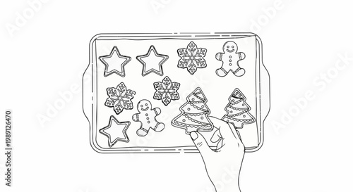 Hand placing Christmas cookie on baking sheet with festive shapes
