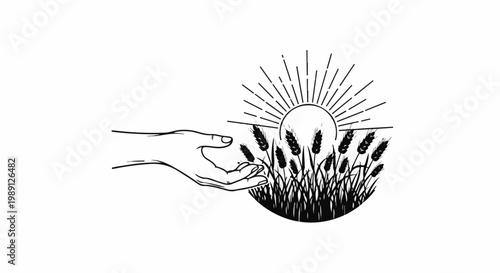 Hand reaches out towards a sunlit wheat field, symbolizing growth and sustenance