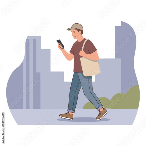 Man walks down city street checking phone with bag on shoulder